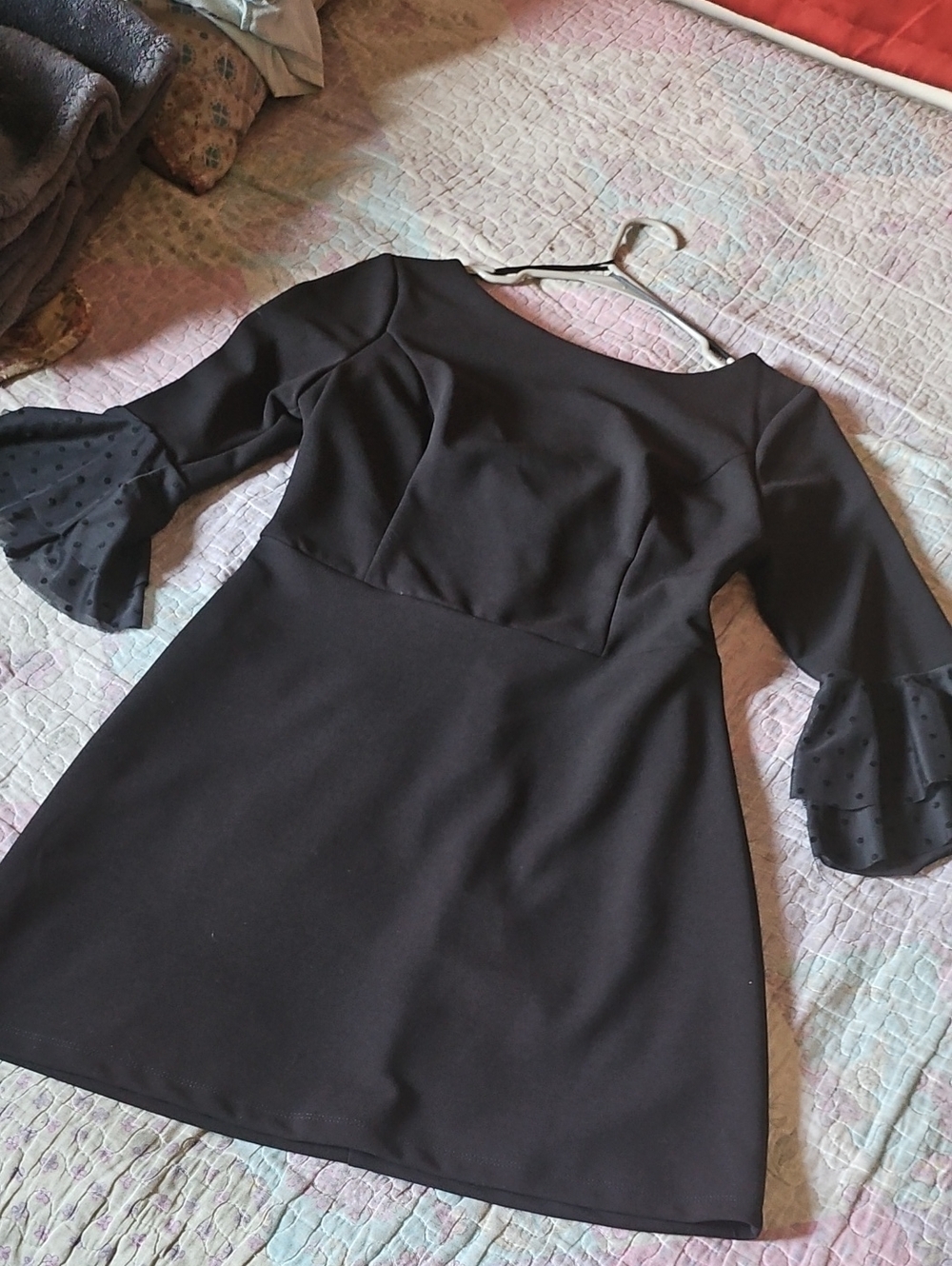 Macy's B Darlin Black Mini Dress with Polka-Dot Bell Sleeves Sz L